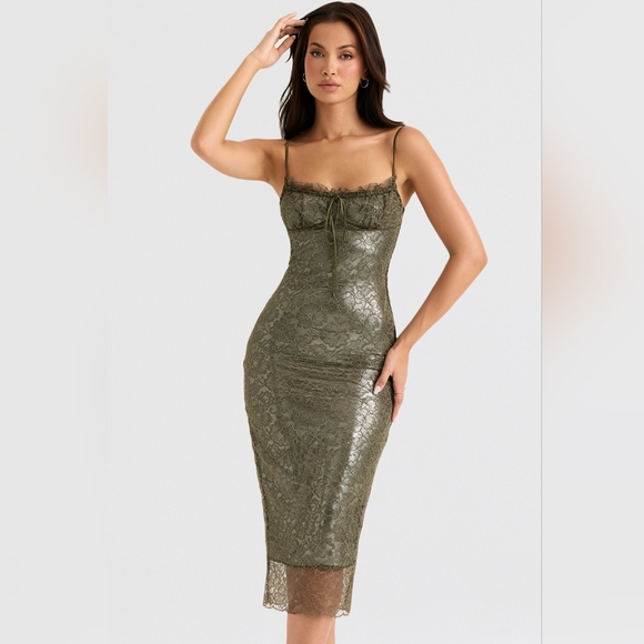 House of CB Dresses & Skirts - House of CB Isla Olive Metallic Lace Midi Dress Size L+ (XL) BNWT